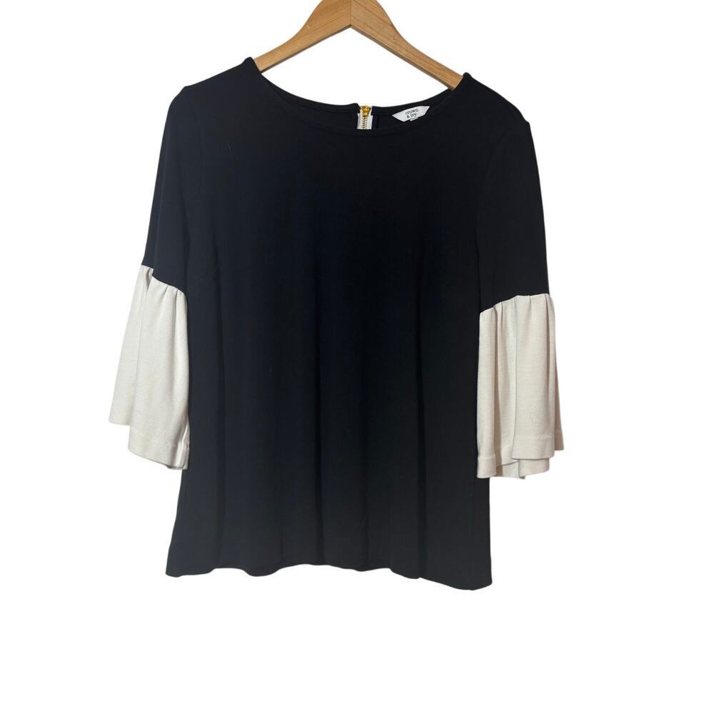 Crown & Ivy Women L Ivory Black 3/4 Sleeve Gold Back Zipper Top Chic Classic